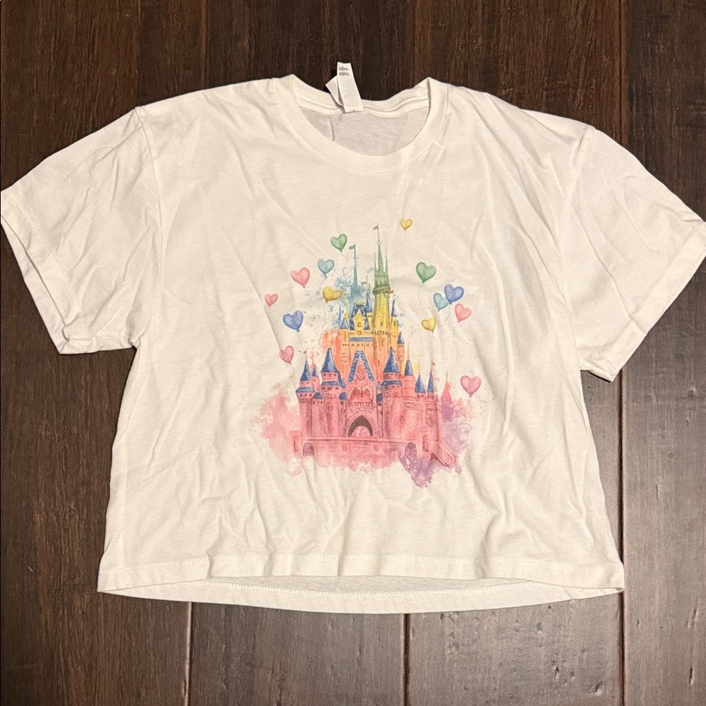 Next Level Apparel White Crop Top with Pastel Castle Graphic